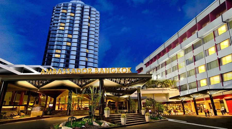 Front view of Ambassador Hotel Bangkok, featuring its grand entrance and towering structure.